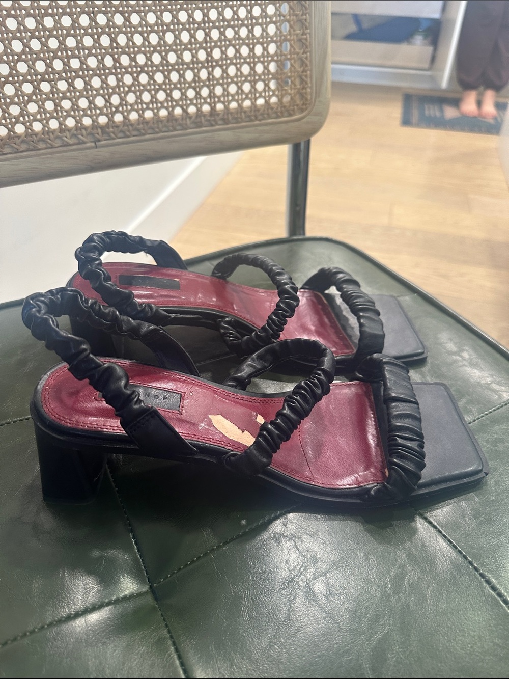 Topshop Black Ruched Strap Block Heel Sandals with Burgundy Insole